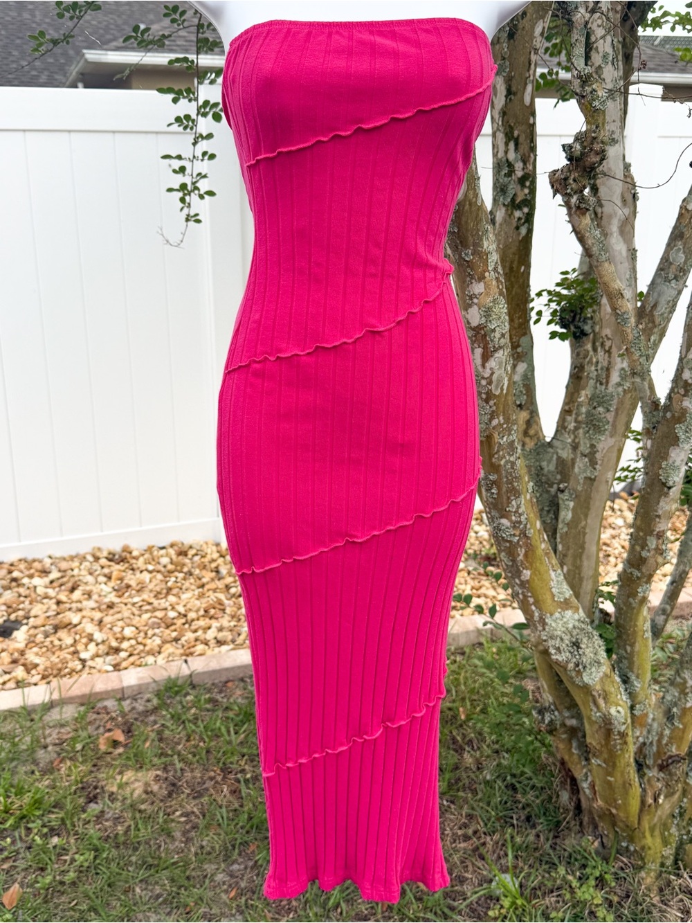 Hot Pink Strapless Ribbed Bodycon Midi Dress Size Medium